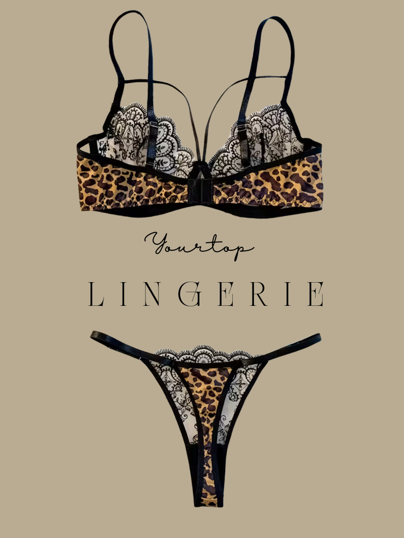 Leopard Print Thong Back View with Black Lace and Strap Details.